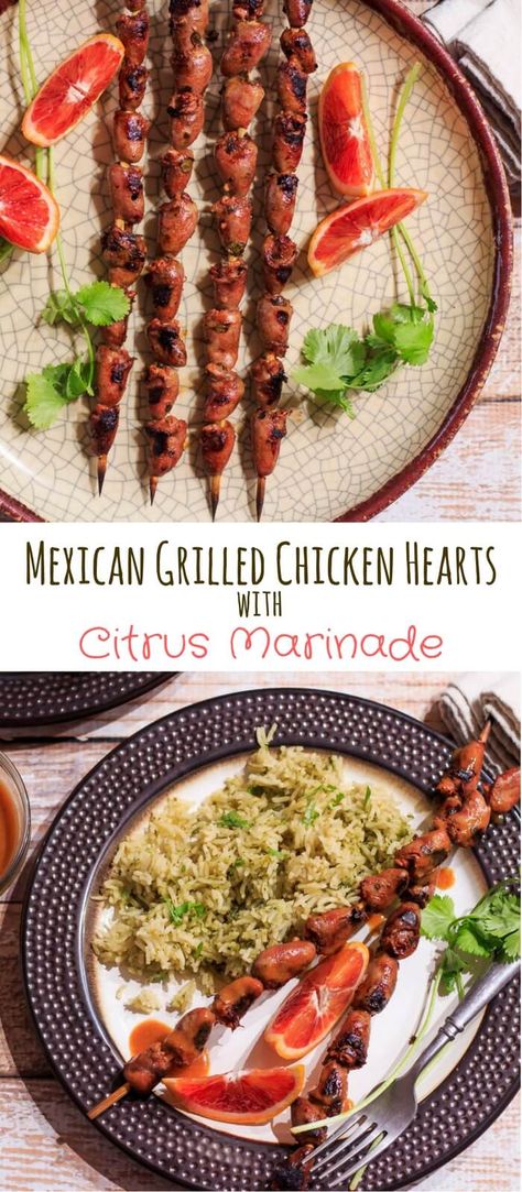 Mexican Grilled Chicken Hearts - A simple and deli… Chicken Hearts And Gizzards Recipes, Chicken Heart Recipes, Heart Healthy Recipes Chicken, Organ Meat Recipes, Chicken Hearts Recipe, Organ Recipes, Heart Healthy Chicken Recipes, Chicken Recipes Dairy Free, Mexican Grilled Chicken