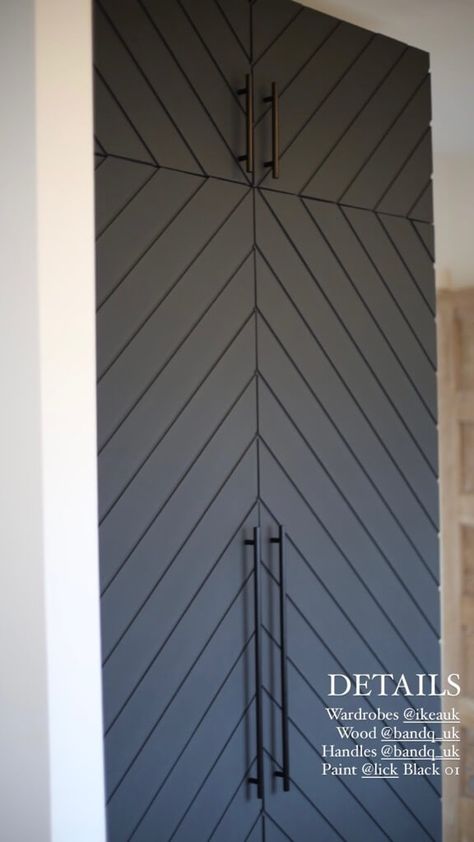 Diy Wall Wardrobe, Ikea Wardrobe Doors Makeover, Diy Panelling Wardrobe Doors, Dressing Doors, Herringbone Closet Doors, Painting Wardrobes, Pax Wardrobe With Doors, Update Wardrobe Doors, Diy Wardrobe Cabinet With Doors