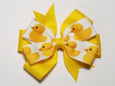 3.5" Rubber Duck Hair Bow *You Choose Solid Bow Color* Duck Headband, Duck Hair Clip, Decorated Rubber Ducks, Yellow Bow Hairstyle, Ducky Duck, Unique Bows, Rubber Ducky Collection, Pinwheel Bow, Yellow Duck