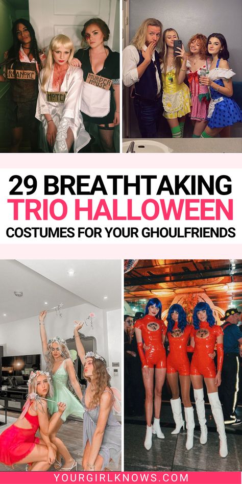 Stop searching and start celebrating in style this Halloween with these 29 hottest trio costumes. Perfect for you and your friends, show off your creativity at any party or event! Don't wait, dress up your squad with these unique ideas now! Costume For Three Girls Ideas, Halloween Costume Group 3 Person, Trio Fancy Dress Ideas, Three Friends Costumes Halloween, Halloween Costumes Women 3 Friends, Halloween Costumes Sisters Women, Halloween Three People Costume Ideas, 3 People Costume Ideas Funny, Three Friends Costumes