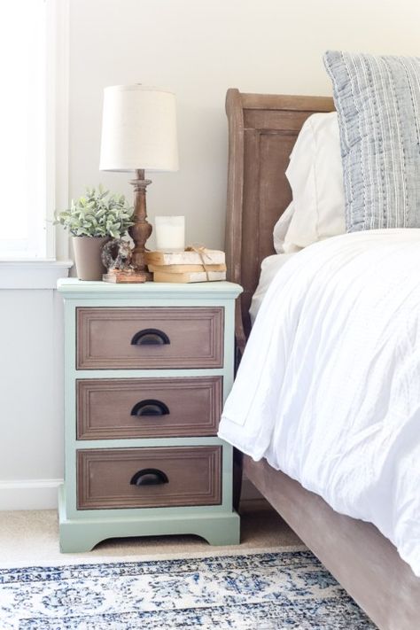 Two Tone Nightstand Makeover Green Dresser Diy, Ideas For Nightstands, Paint Wash Furniture, Turquoise Furniture, Bed Makeover, Paint Wash, Dresser Diy, Nightstand Makeover, Stripping Furniture