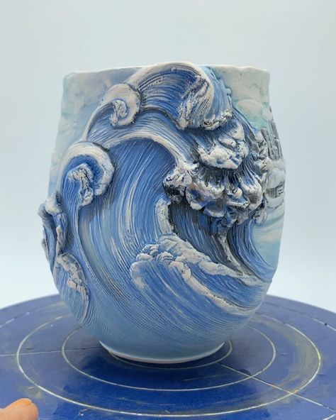 Wave Mug Pottery, Abstract Art Ceramic, Ceramic Art Ocean, Sea Inspired Pottery, Ocean Theme Ceramics, 3d Ocean Art, Ceramic Ocean Theme, Ocean Inspired Pottery, Clay Vessels Ideas