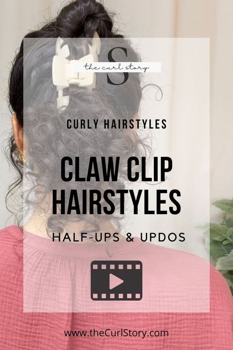 A Curly updo hairstyle with a small bun on top, curly fringe on the bottom, and secured with a large claw clip. Curly Hair Claw Clip Hairstyles, Curly Hair Claw Clip, Hair Claw Clip Hairstyles, Curly Wedding Updo, Updos For Curly Hair, Work Updo, Wedding Guest Updo, Wavy And Curly Hair, Curly Hair Styling