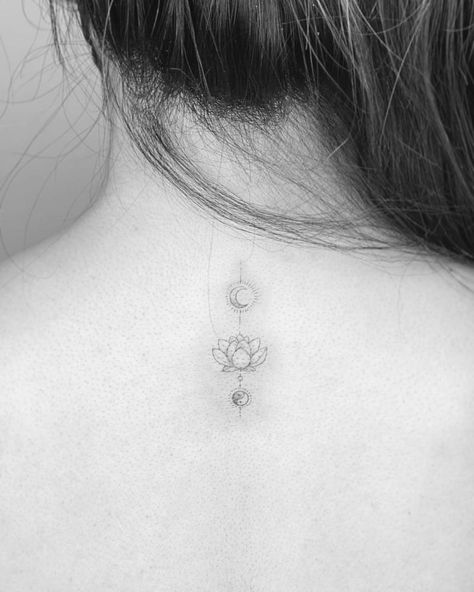 Lotus Moon And Sun Tattoo, Music And Moon Tattoo, Dainty Yin Yang Tattoo, Beautiful Lotus Flower Tattoo, Lotus Sun Moon Tattoo, Fine Line Tattoo Yin Yang, Lotus Flower Sun And Moon Tattoo, Yin Yang Moon Tattoo, Lotus Flower And Sun Tattoo