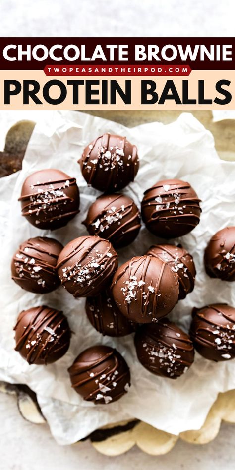 These no-bake Chocolate Brownie Protein Balls are made with almond flour, almond butter, cocoa, honey, vanilla, sea salt, protein powder, and dipped in chocolate! They are rich, decadent, and will remind you of a fudgy brownie. Store in the fridge or freezer so you can have a healthy snack or treat anytime! Chocolate Brownie Protein Balls, Protein Chocolate Balls, Yummy Protein Balls, Chocolate Protein Powder Balls, Chocolate Protein Brownies, Protein Balls With Almond Flour, Brownie Batter Protein Balls, Almond Flour Protein Balls, Protein Balls Chocolate