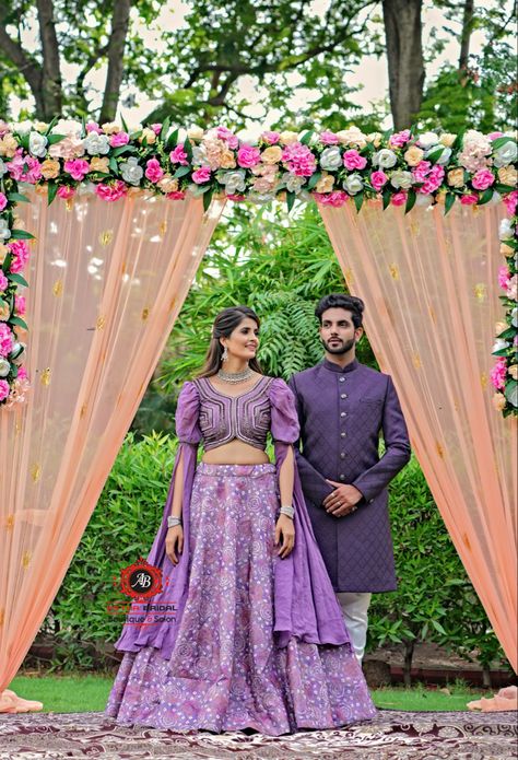 Purple Couple Outfits, Shadi Aesthetic, Engagement Couple Dress, Lavender Lehenga, Wedding Matching Outfits, Engagement Looks, Family Dress, Western Blouse, Couple Wedding Dress