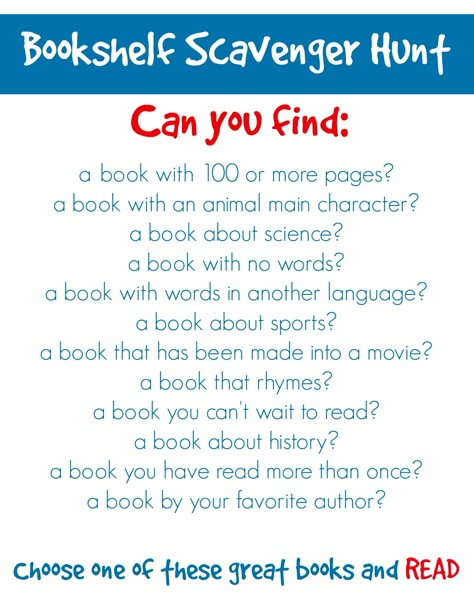 Challenge Kids to a Bookshelf Scavenger Hunt | Parents | Scholastic.com Book Scavenger, School Library Activities, Book Scavenger Hunt, School Library Lessons, Library Orientation, Scavenger Hunt Ideas, Passive Programs, Reading Printables, Library Lesson Plans