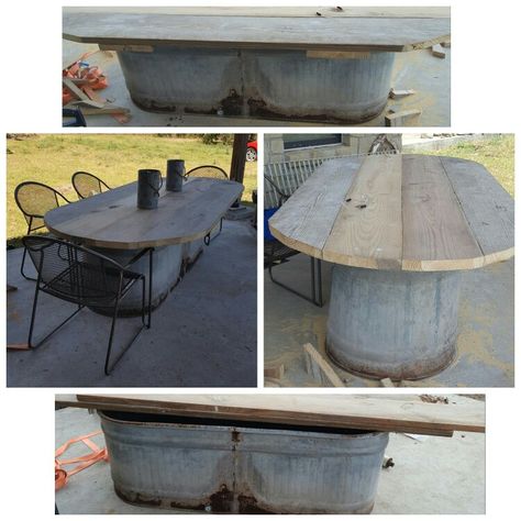 Water trough storage table More Galvanized Decor Ideas, Decoration For Diwali, Galvanized Decor, Water Trough, Barn Wood Crafts, Wash Tubs, Storage Table, Table Storage, Furniture Projects