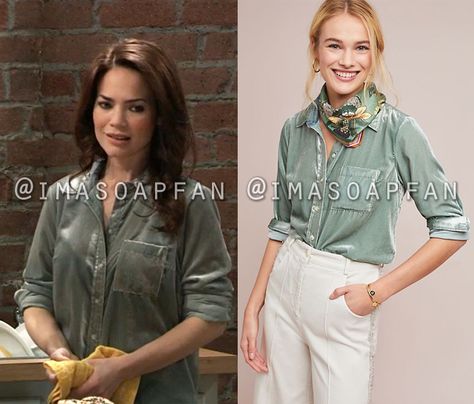 Hospital Fashion, Green Velvet Shirt, Elizabeth Webber, Hospital Outfit, Trip Essentials, Velvet Shirt, Road Trip Essentials, General Hospital, Green Velvet