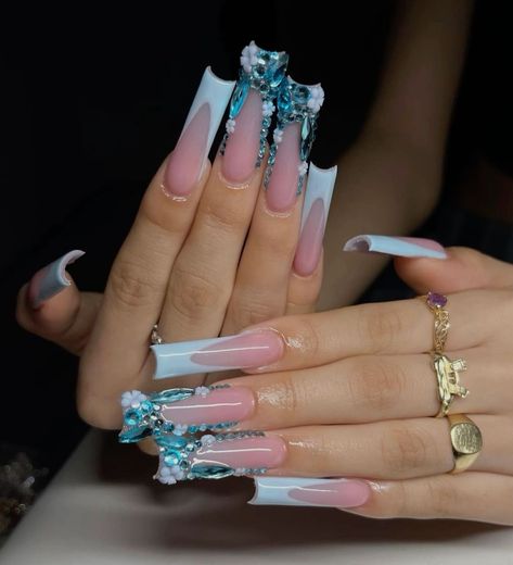 Blue Gem Nails, Long Red Nails, Aqua Nails, Tapered Square Nails, Duck Nails, Girly Acrylic, Claw Nails, Winter Nails Acrylic, White Acrylic Nails