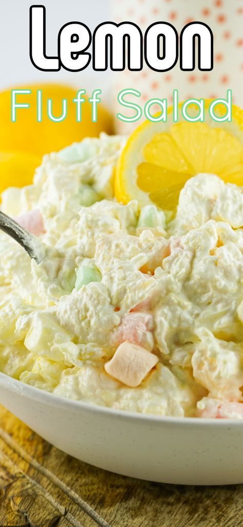 This Lemon Jello Fluff Salad is such a perfect spring and summer dessert! It's easy, great for parties and so tasty! Such a classic vintage recipe! Lemon Fluff Salad, Jello Fluff Salad, Jello Fluff, Lemon Fluff, Fluff Salads, Sweet Salads, Bbq Salad, Fluff Salad Recipes, Jello Salads