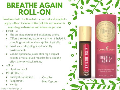 Breathe Again Roll-On Young Living Breathe Again, Essential Oils For Breathing, Young Living Oils Recipes, Natural Decongestant, Eo Blends, Living Oils Recipes, Young Living Recipes, Roller Blends, Thieves Cleaner