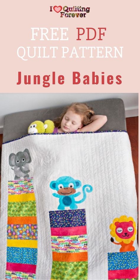 Get your Free Jungle Babies Quilt Pattern Here. 400+ Free Quilt Patterns for Beginner & Expert. All Quilters can get inspired! Farm Animal Quilt, Animal Baby Quilt, Baby Quilt Pattern, Applique Quilt Patterns, Baby Quilt Patterns, Childrens Quilts, Beginner Quilt Patterns, Animal Quilts, Jungle Baby