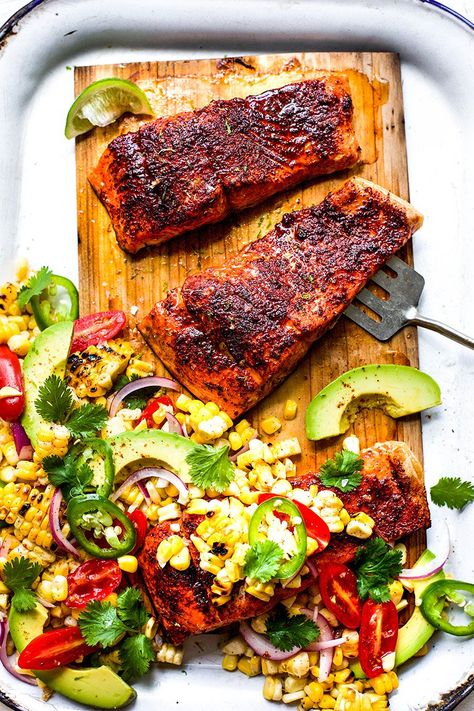 Grilled Chili Lime Salmon with Corn and Avocado Salad | Nosh and Nourish Chilli Lime Salmon, Chili Lime Salmon, Cilantro Lime Salmon, Grilled Salmon Salad, Lime Salmon, Rainbow Salad, Glazed Salmon, Salmon Salad, Chili Lime