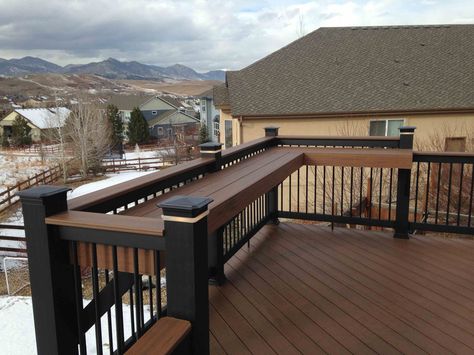 Elevated Back Deck Ideas, Upstairs Patio Ideas Balconies Decks, Raised Back Deck Ideas, Undercover Deck Ideas, Bar Deck Ideas, Deck With Built In Bar, Deck With Cooking Area, Square Deck Ideas, Deck With Grill Area