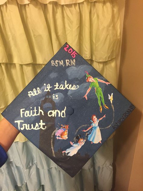 My completed Disney Peter Pan graduation cap! Peter Pan Graduation Cap, Senior Stuff, Aesthetic Lockscreens, Cap Decoration, Grad Caps, Graduation Cap Designs, Cap Ideas, Graduation Caps, Graduation Hat