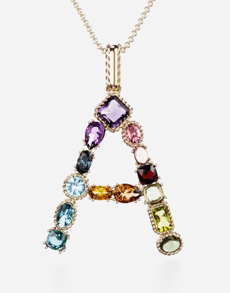 Collection - RAINBOW ALPHABET A PENDANT IN YELLOW GOLD WITH MULTICOLOR FINE GEMS Alphabet G, Rainbow Alphabet, Alphabet Pendant, Alphabet A, Gem Jewelry, Alphabet Jewelry, Green Cushions, Jewellery Sketches, Rainbow Jewelry