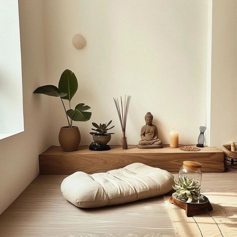 Peaceful meditation space with floor cushion, green plants, Buddha statue, diffuser, and candles, bathed in natural sunlight.