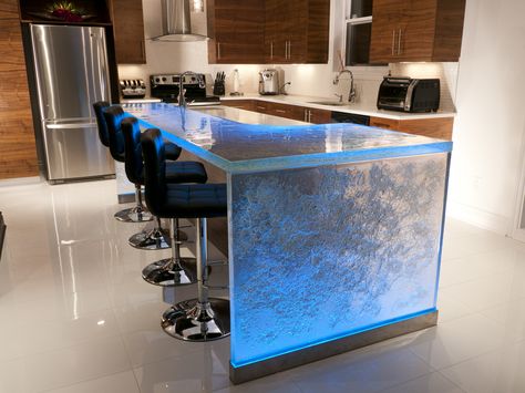 Beautifully textured raised bar with waterfall leg and LED lights. Make your kitchen one of a kind with thick glass applications. Glass Kitchen Countertops, Beautiful Kitchen Countertops, Kitchen Design Countertops, Glass Counter, Outdoor Kitchen Countertops, Diy Kitchens, Kitchen Design Diy, Glass Countertops, New Countertops