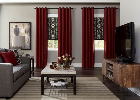 Maroon Living Room, Grey And Red Living Room, Burgundy Living Room Decor, Burgundy Living Room, Red Living Room, Red Living, Living Room Red, Custom Drapes, Home Decorators