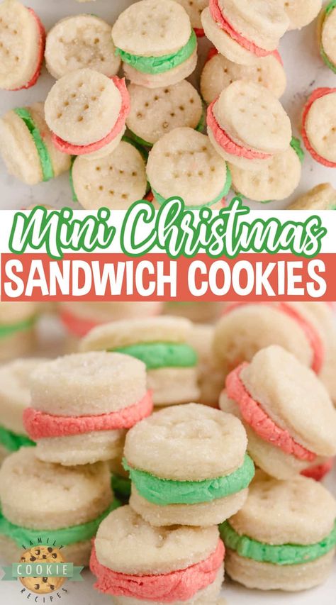 MINI CHRISTMAS SANDWICH COOKIES - Family Cookie Recipes Shortbread Cookie Recipe Christmas, Wafer Sandwich Cookies, Sandwich Cookies Christmas, Mini Cookie Recipe, Gingerbread Sandwich Cookies, Cookies With Buttercream Frosting, Best Shortbread Cookie Recipe, Shortbread Cookies With Icing, Christmas Sandwiches