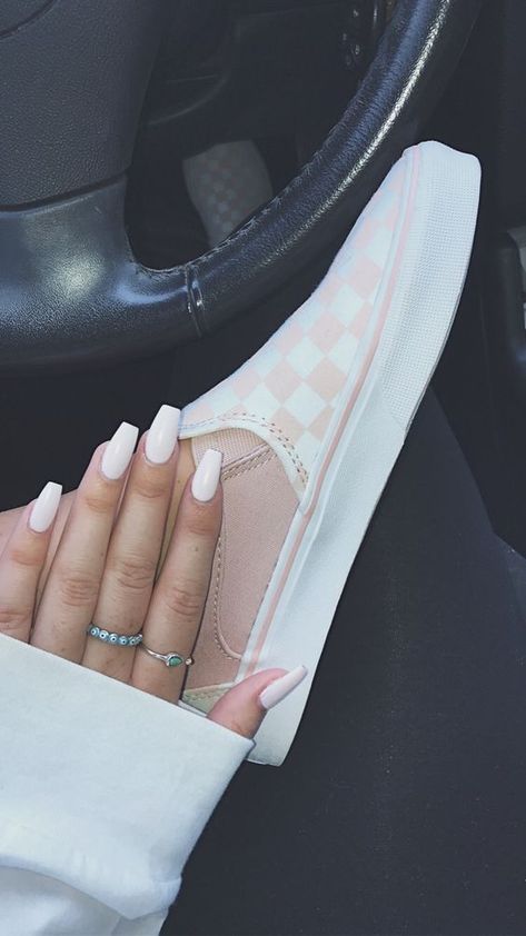 Light Pink Vans Outfit, Pink Checkered Vans Outfit, Coffin Light Pink Nails, Pink Vans Outfit, Pink Checkered Vans, Vans Outfits, Vans Collection, Women Slip On Sneakers, Light Pink Nails