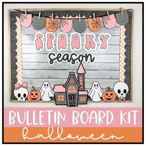 25+ Halloween Bulletin Board Ideas for School Work Room Bulletin Boards, Boho Halloween Bulletin Board, Pastel Halloween Bulletin Board, Ghost Bulletin Board Preschool, Class Information Bulletin Board, October Teacher Bulletin Board, Spooky Season Bulletin Board, Spooky Classroom Decorations, Birthday Bulletin Board Ideas For Work