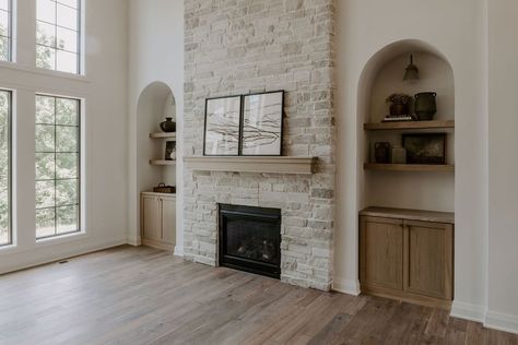 Builtins Fireplace Windows, Fireplace With Door On One Side, Black Birch Homes, Fireplace With Bench, Kentucky Farmhouse, Updated Living Room, White Wash Brick Fireplace, Blazing Star, French Country Living Room