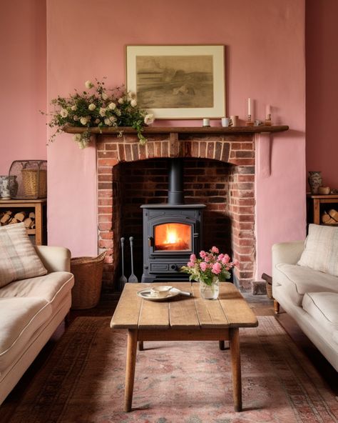 Pink Living Room with Wood Burner Brick Fire Surround, Sulking Room Pink Living Room, Pink Lounge Ideas Living Rooms, Lounge Fireplace Ideas, Small Lounge Diner Ideas, Pink Accent Living Room, Cosy Living Room Colours, Pink Orange Living Room, Brick Fireplace Living Room