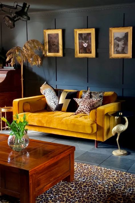 Home tour of the most glorious gold & animal print-packed interior Mustard Couch Living Room, Mustard Couch Living Room Ideas, Mustard Couch, Velvet Sofa Living Room, Popular Interior Design, Life On A Budget, Living Room Decor Colors, Interior Design Diy, Home Additions