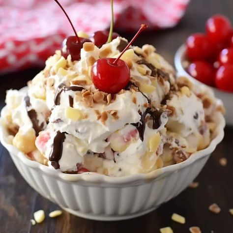 Banana Split Fluff Salad - Life with Susan Banana Split Fluff Salad Recipes, Banana Split Salad, Banana Split Fluff Salad, Banana Split Fluff, Sliced Baked Potatoes, Easy Vanilla Frosting, Cranberry Loaf, Tiramisu Recipes, Perfect Whipped Cream