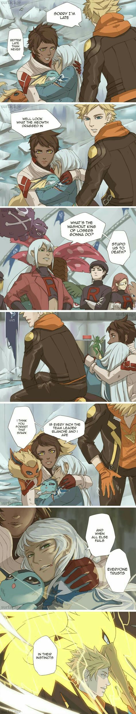 Team Valor, Team Mystic, Team Instinct, text, comic, Trainers, Team Rocket, Zapdos, Pokémon, wounded, battle, Pokémon Go; Pokémon Pokemon Guys, Pokemon Go Teams Leaders, Pokemon Go Comics, Gijinka Pokemon, Team Valor, Team Mystic, Team Instinct, Funny Tumblr, Online Comics