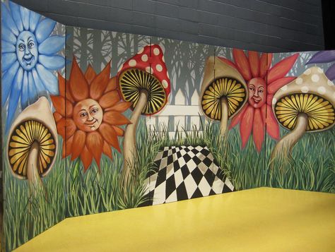 Alice in Wonderland stage set. | Just finished the Alice in … | Flickr Alice In Wonderland Mural, Baby Room Murals, Diy Alice In Wonderland, Alice In Wonderland Play, Alice In Wonderland Props, Alice In Wonderland Garden, Theatre Backdrops, Room Murals, Daycare Decor