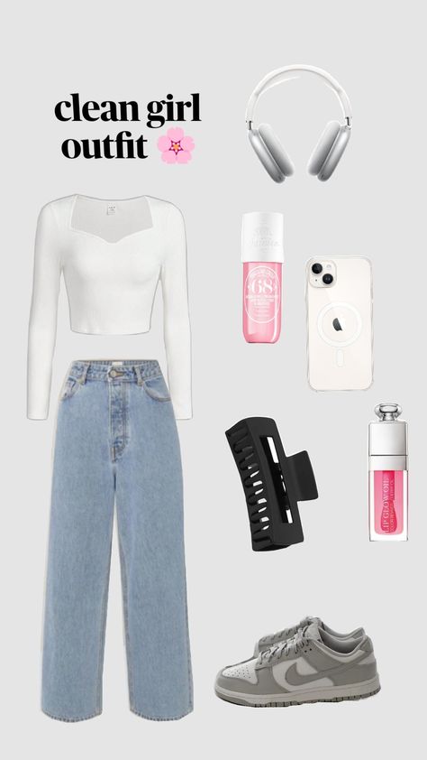 clean girl outfit 🫧🌸💐 Clean Girl Dti Outfits, Outfit Ideas For 13 Yrs Old Girl, Outfit Ideas For 13, Clothes For 13 Yrs Old Girl, Clean Girl Outfits For School, White Outfit Aesthetic, Selfies Aesthetic, Clean Outfits, White Girl Outfits