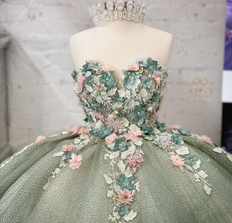 Sage Quince, Sage Green Quinceanera Dresses, Dream Quinceanera, Ball Gown Sweet 16, Green Quinceanera Dresses, Green Quince, Sweet 16 Dress, Quinceanera Planning, One Shoulder Prom Dress