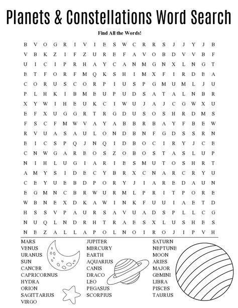 Educational Planets and Constellations word search.  #fun #free #printables Free Printables For 3rd Grade, Middle School Word Search Free Printable, Constellation Coloring Pages, Free Word Search Puzzles Printables, Activity Sheets For Adults, Planet Activities For Kids, Constellation Activities, Turkey Coloring, Word Finder