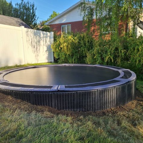 14 ft inground trampoline Trampoline On Sloped Yard, Trampoline Area Ideas Backyards, Tier Garden Ideas, Sloped Yard Landscaping Ideas, Sloped Yard Landscaping, Diy Trampoline, Inground Trampoline, Tier Garden, In Ground Trampoline