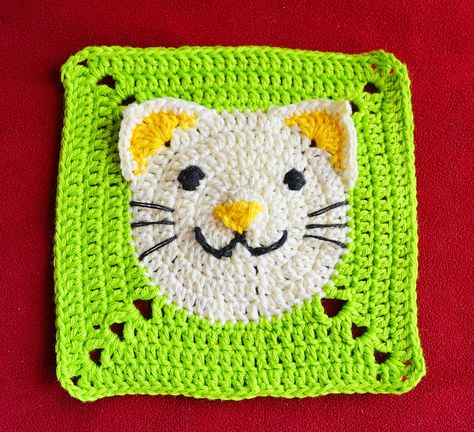 Hello Friends! Another post and another animal granny square to add to my collection. This time it's a kitty face. I've included pictures in the instructions to make the steps clearer so I hope it makes it easier to make. Have fun making this cute granny square, and keep an eye for my next post. Level: Intermediate Materials: Yarn: schachenmayr catania 100 % cotton (50 g / 125 m), one skein of colors: pearl white, green, and yellow, few meters of black. Crochet hook, size US D 11/ 3 mm. Embro Hello Kitty Granny Square, Kitty Granny Square, Kat Haken, Motifs Granny Square, Crochet Granny Square, Granny Square Blanket, Granny Squares Pattern, Double Crochet Stitch, Crochet Motifs