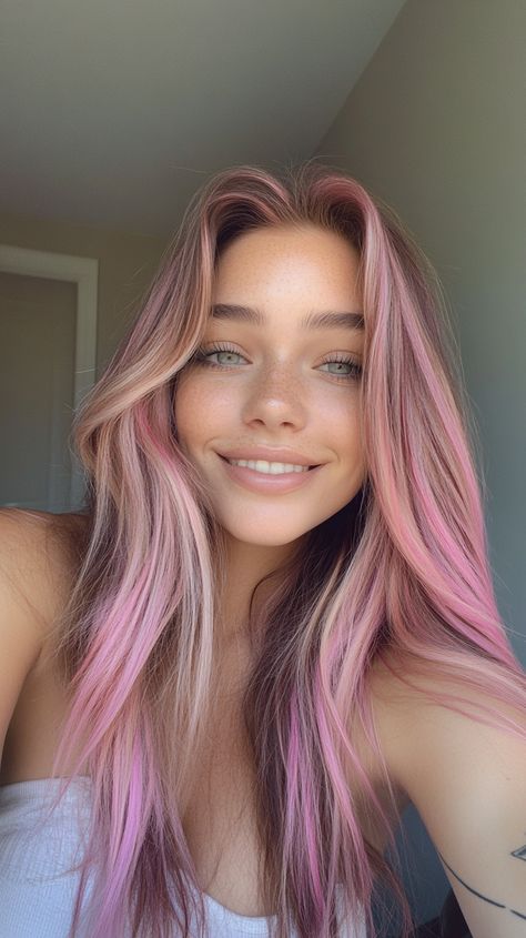 👑🌟 High-end Pink Highlights Brown Hair pink hair color ideas for tan skin | Customized Grace Blush Pink Hair Color, Pink Hair Strands, Maroon And Pink Hair, Pink Highlights Brown Hair, Blonde And Pink Hair, Dusty Pink Hair, Pink Hair Highlights, Baby Pink Hair, Pink Curls