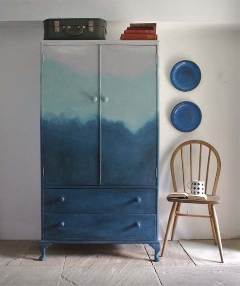 Vintage Blue Ombre Painted Wardrobe Cupboard Drawers Storage Wardrobe Painting Ideas Diy, Cupboard Painting Ideas Diy, Cupboard Painting Ideas, Cupboard Painting, Ombre Painting, Cupboard Makeover, Ombre Paint, Painted Wardrobe, Painted Cupboards