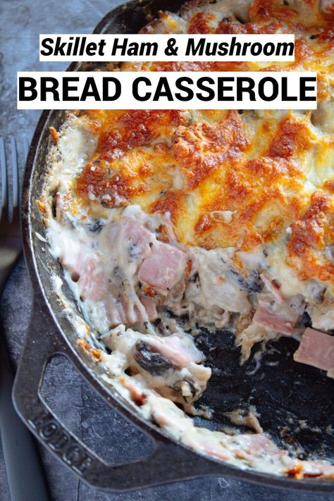 If you’re a ham and mushroom fan your going to love this creamy and delicious Skillet Ham and Mushroom Bread Casserole. It’s very similar to my Ham and Asparagus Bread Casserole I posted the other day. Except this skillet ham and mushroom bread casserole is prepared, baked AND served all in one pan. Which means less cleanup. And we all love that right? Asparagus Bread, Skillet Ham, French Croque Monsieur, Mushroom Bread, Ham And Asparagus, Bread Casserole, How To Cook Mushrooms, Delicious Bread, Roll Ups