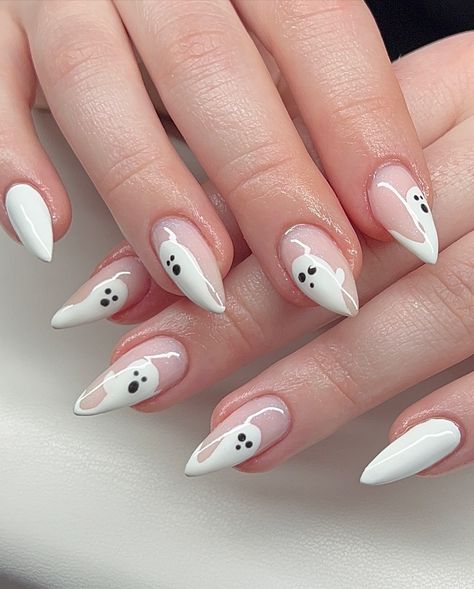 Cute Spirit ghost Halloween Nails 👻✨ #winterparknails #orlandonails #maitlandnails #orlandonailtech #ghostnails #halloween2024 #fallnails2024 #halloweennails #instanails #nailsofinstagram #fyp #fypchallenge #fypシ #fyppage Soft Gothic Nails, Ghosts Nail Designs, Ghost Fall Nails, Nail Ghost Design, Little Ghost Nails, Ghost Tip Nails, White Halloween Nail Designs, Halloween Nails Ghost Design, Ghost French Tips