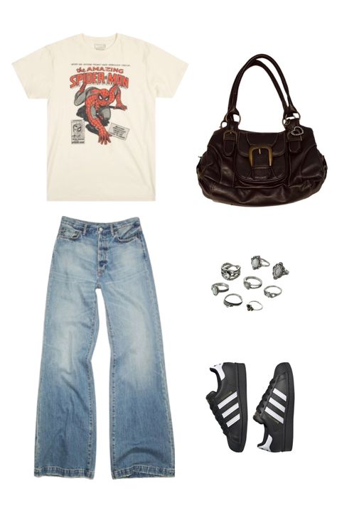 Here is a little outfit idea for this spring and summer. The t-shirt is from an online shop called Heroes Villains, the jeans are from Pull&Bear. You can find a similar bag on Vinted because it's vintage. You can get the rings from H&M, Amazon, AliExpress, etc. And last but not least, the shoes are a pair of Adidas black Superstars. You can get these on Amazon or any other shoe store. Hm Finds, Pull And Bear Outfit, Black Superstars, Aliexpress Finds, Black Superstar, Little Outfits, Adidas Black, Fit Inspo, Shoe Store