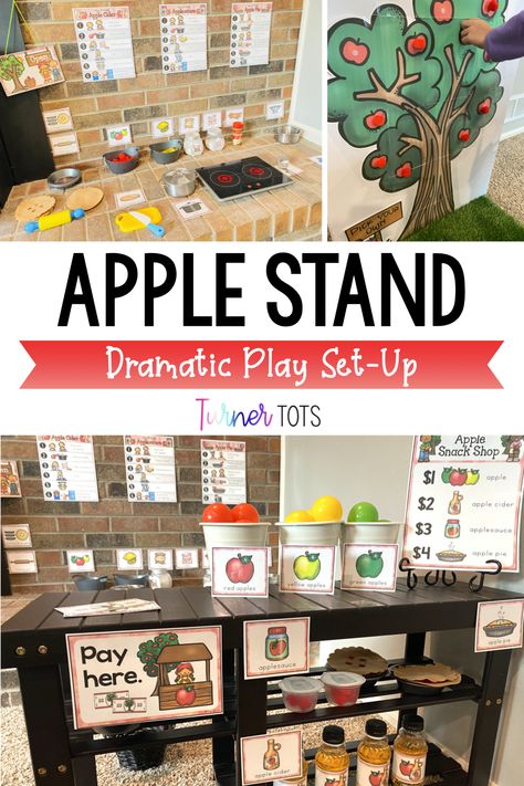 Preschool Pie Shop Dramatic Play, Pie Making Dramatic Play, Apple Pie Dramatic Play, Apple Dramatic Play, Halloween Dramatic Play, Kindergarten Apples, Turner Tots, Dramatic Play Ideas, Apple Stand