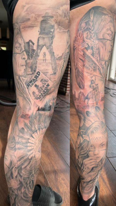 #cowboy #indiantattoo #sleeve #tattoo Cowboys And Indians Tattoo, Indian Tattoo Sleeve, Cowboy And Indian Tattoo, Tattoo Leg Sleeve, Cowboy And Indian, Cowboy Tattoos, Tattoo Leg, Koi Fish Tattoo, Indian Tattoo