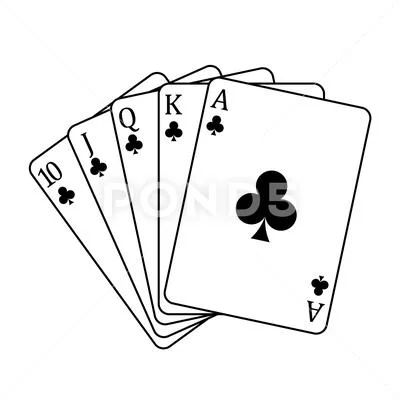 Playing Cards - A Poker Hand Consisting Of A Royal Flush Clubs 10 J Q K A Cards Drawing Poker, Poker Card Illustration, Royal Flush Cards, Poker Card Design Illustrations, Club Symbol Playing Cards, Queen Poker Card, Poker Hands, Royal Flush, Witchy Stuff