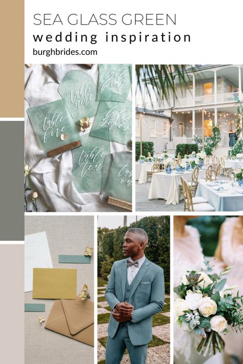 Sea Glass Green Wedding Inspiration. For more wedding color ideas, visit burghbrides.com! Sea Glass Groomsmen, Sea Glass Green Color Palette, Seaglass Themed Wedding, Sea Green Wedding Theme, Seaglass Green Wedding, Seaglass Color Palette Wedding, Seaglass Wedding Theme, Mint Green Wedding Theme Color Schemes, Sea Glass Wedding Theme