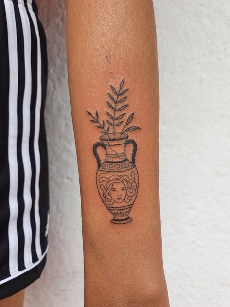 Flowers In A Vase Tattoo, Vase Flower Tattoo, Vase Tattoo Simple, Flowers In Vase Tattoo, Greek Vase Tattoo, Flower Pot Tattoo, Vase Tattoo Design, Flower Vase Tattoo, Vase Tattoo