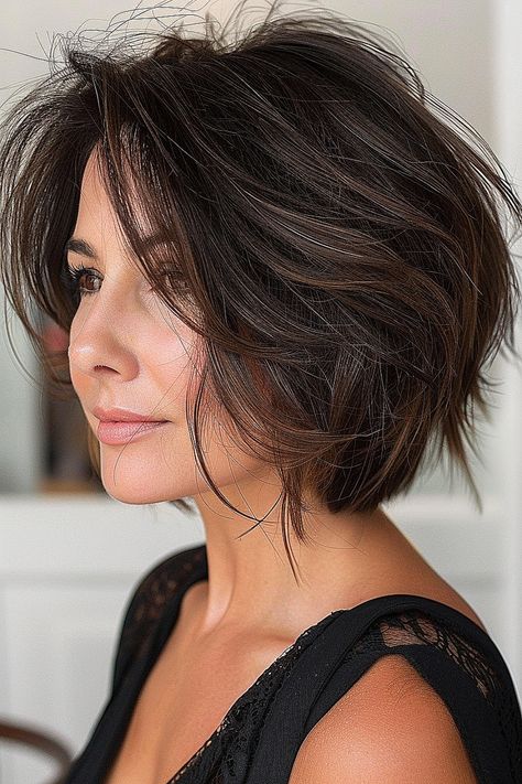 The Trendiest Layered Bob Haircuts of 2024 Bob Transformation, Disconnected Layers, Textured Haircuts, Short Textured Haircuts, Brunette Tones, Shaggy Bob Haircut, Short Haircuts With Bangs, Warm Brunette, Short Shag Haircuts