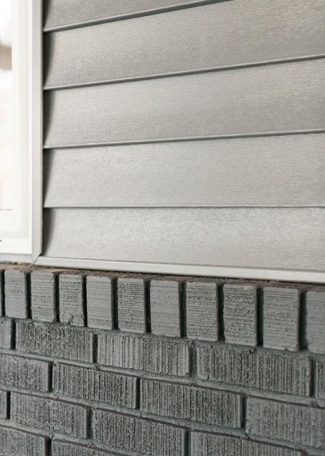 Grey exterior siding with dark grey stained brick Pinterest//tamielisabeth Gray Siding With Brick Exterior, Exterior Brick House Colors, Sunroom Ceiling, Brick Staining, Exterior Paint Combinations, Brick House Colors, Exterior Siding Options, Brick Porch, Gray Brick